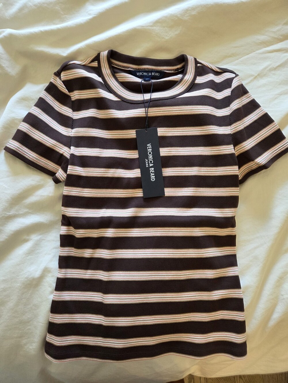 NWT Veronica Beard Pruitt Striped Ribbed T-shirt Colour Brown Stripe Size S